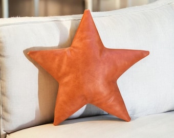 Faux Leather Star Pillow - Farmhouse Star Shaped Decorative Pillow for Living Room - Cozy Boho Accent
