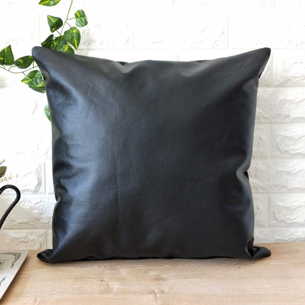 Black Faux Leather Pillow Cover, Black Home Decor, Decorative Black Leather Pillow