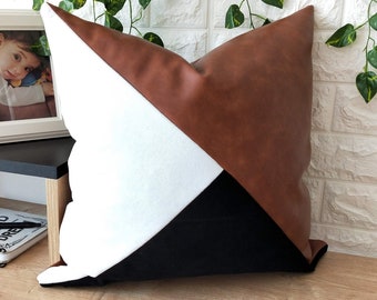 Color Block White Velvet Pillow Cover, Cognac Faux Leather Pillow, Color Block Euro Sham Cover, Throw Pillow Cover