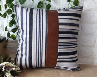 Color Block Navy Blue Throw Pillow Cover,Mix Color Cushion Cases,Faux Leather Decorative Home Decor