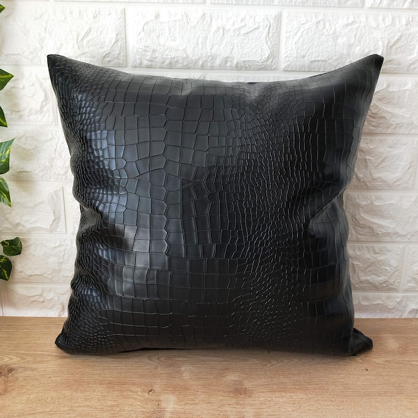 Black Crocodile Leather Pillow Cases – Decorative Faux Throw Coverings