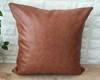 Cognac Faux Leather Pillow Cover, Camel Leather Pillow Case, Leather Throw Pillow Cover, Luxury Leather Cushion For Home Deco