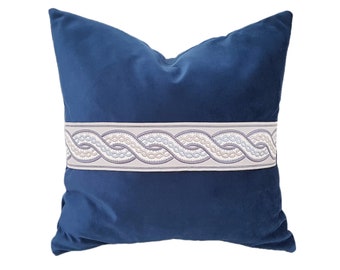 Navy Blue Greek Trim Velvet Pillow Cover,Home Designer Greek Key Cushion