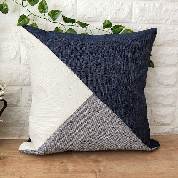 Color Block Linen Pillow Covers, Linen Textured White Grey and Navy Blue Fabric, Modern Living Room Decoration, Natural Linen Throw Pillow