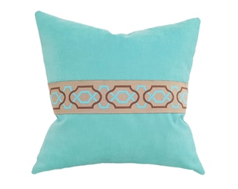 Turquoise Designer Velvet Pillow Covers 20x20,Greek Key Pillow Cases,Premium Quality Decorative Pillows,Designer Shams