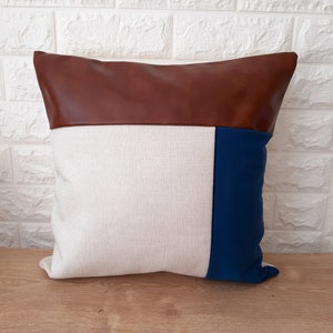 Linen Color Block Navy Blue Throw Pillow,Velvet Pillow Case,Brown Faux Leather Cushion 18x18,20x20