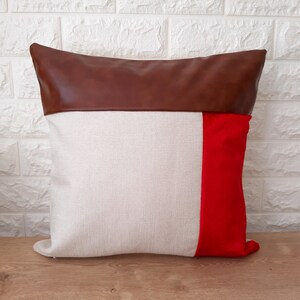 Linen and Velvet Color Block Red Throw Pillow
