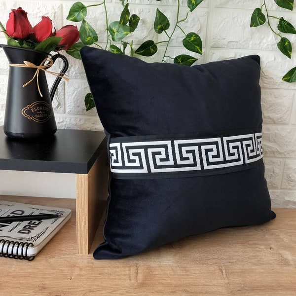 Black Pillow Cover Decorated with Greek Trim