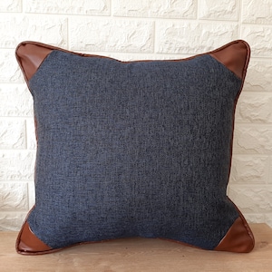 Linen and Faux Leather Color Block Navy Blue Throw Pillow
