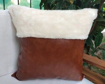 Faux Fur and Leather Pillow Cover