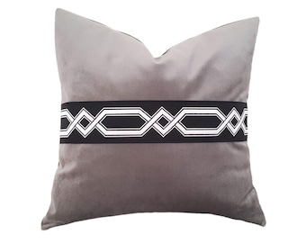 Gray Designer Greek Key Trim Velvet Pillow Cover