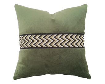 Green Designer Greek Key Trim Velvet Pillow