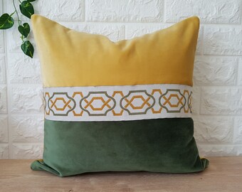 Colorblock Sage Green And Yellow Velvet Pillow With Trim, Greek Key Pillow Cover For Indoor, Luxury Throw Pillow Cover
