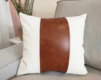 Luxury Design White And Cognac Faux Leather Pillow Case, Unique Decorative Cushion, Custom Leather Sofa Pillows