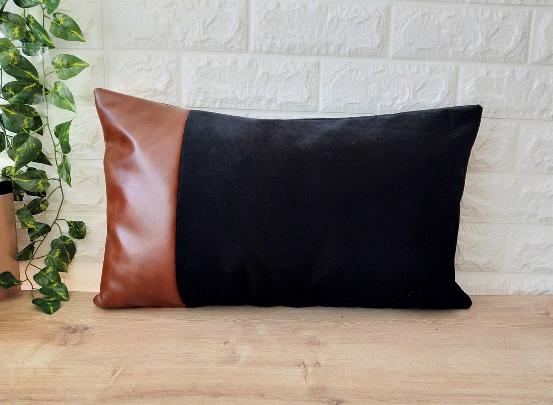 Black Velvet Lumbar Pillow Cover 12x20 Brown Faux Leather Etsy