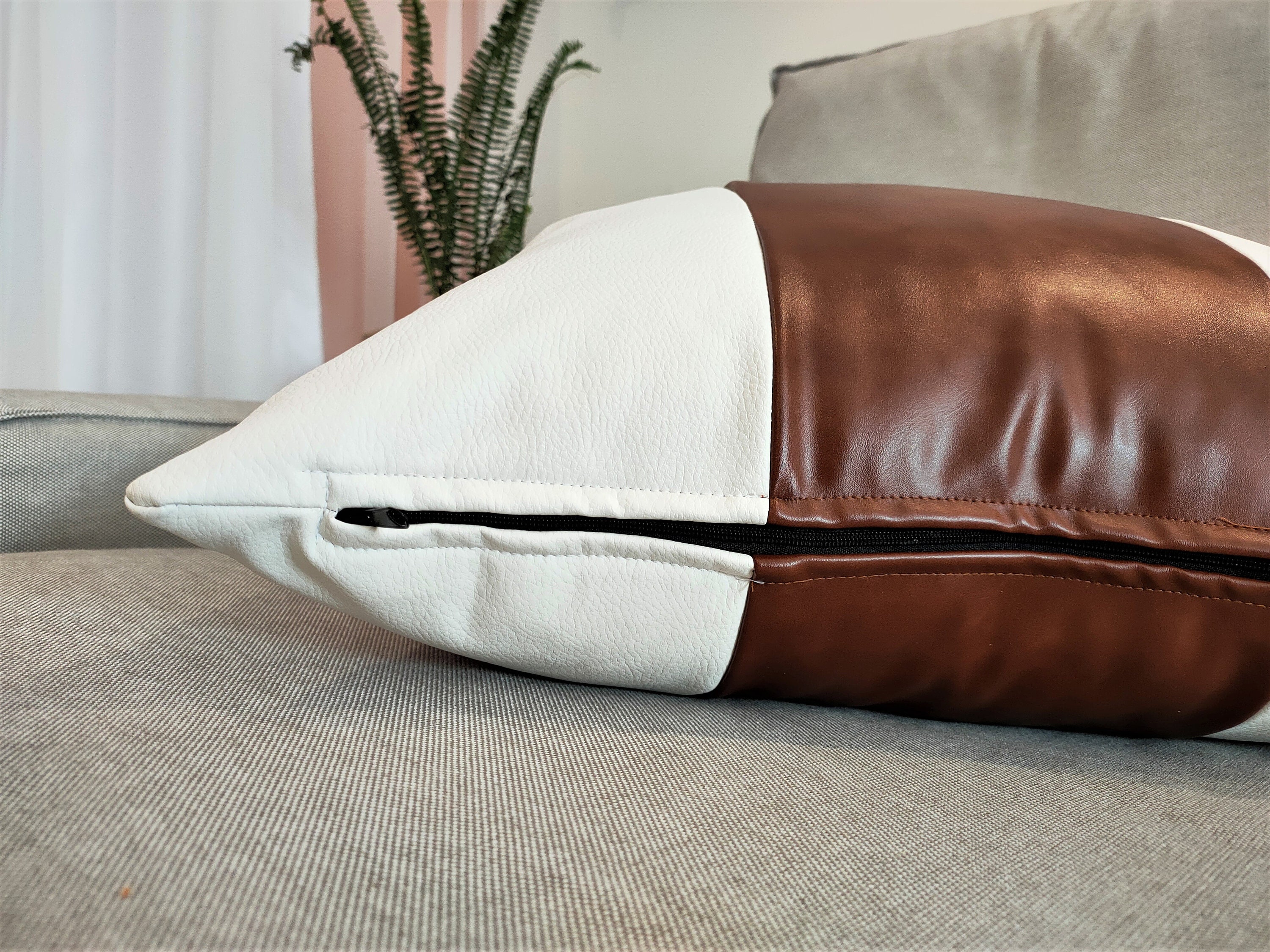 White Faux Leather Pillow Cover 20x20Brown Luxury Vegan Etsy