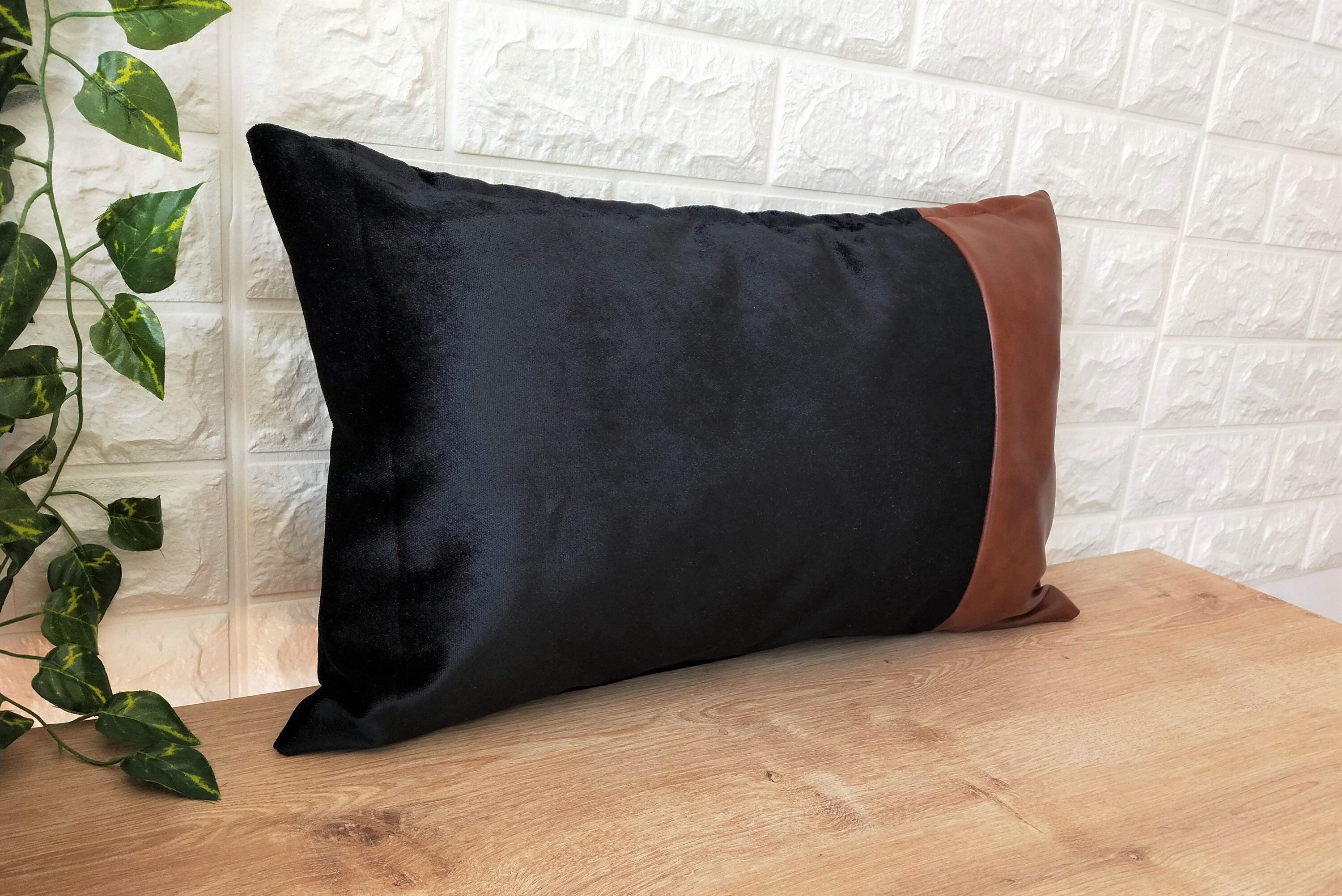 Black Velvet Lumbar Pillow Cover 12x20 Brown Faux Leather Etsy