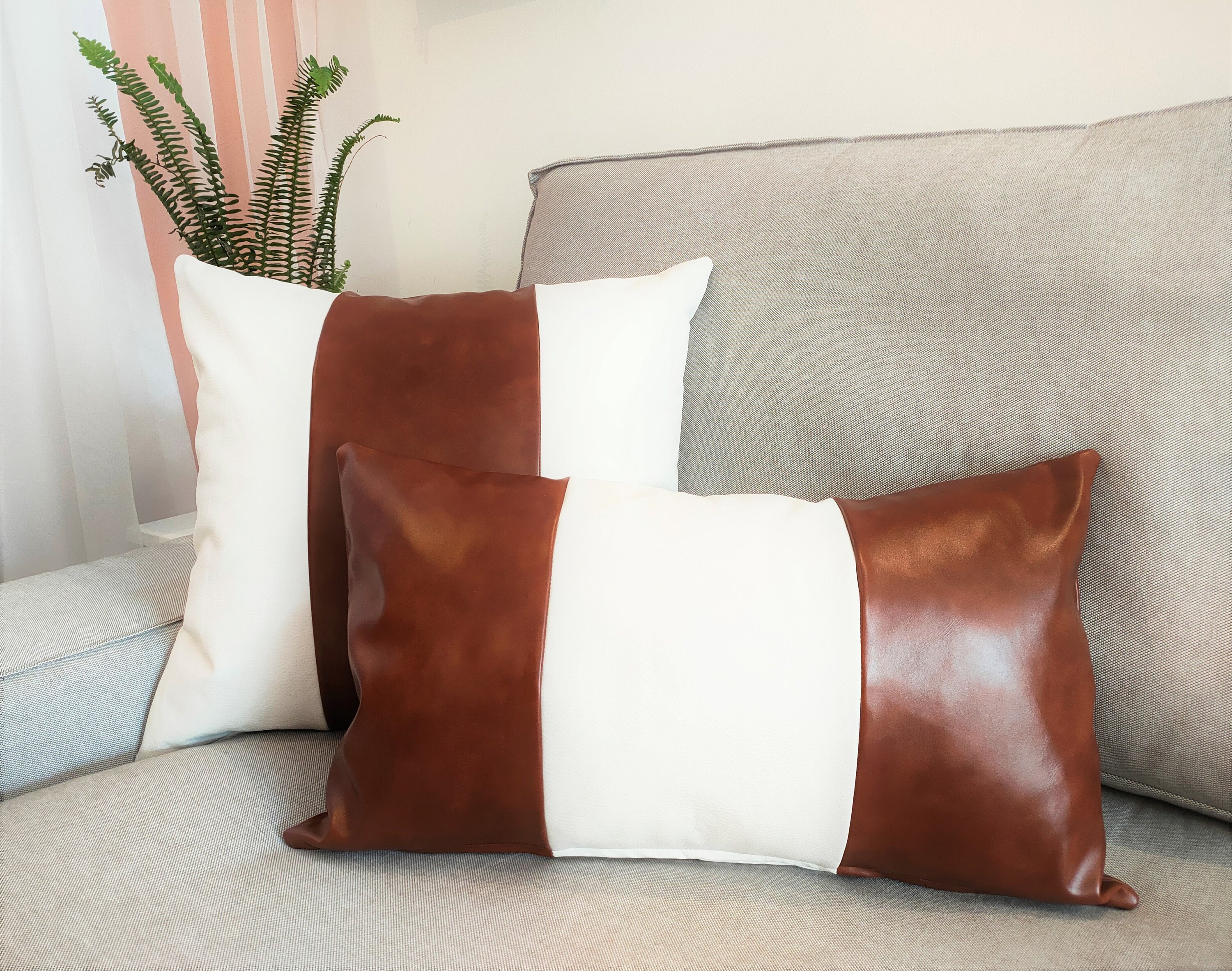 White Faux Leather Pillow Cover 20x20Brown Luxury Vegan Etsy