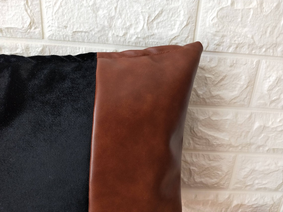Black Velvet Lumbar Pillow Cover 12x20 Brown Faux Leather Etsy
