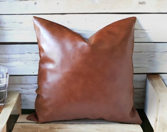 Faux Leather Cognac Color Pillow Cover for Living Room, Custom Size Pillowcase for Home Decor