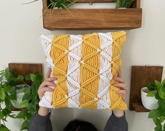 White and Yellow Macrame Pillow Cover| Macrame Cushion Cover|Handmade Home Decor