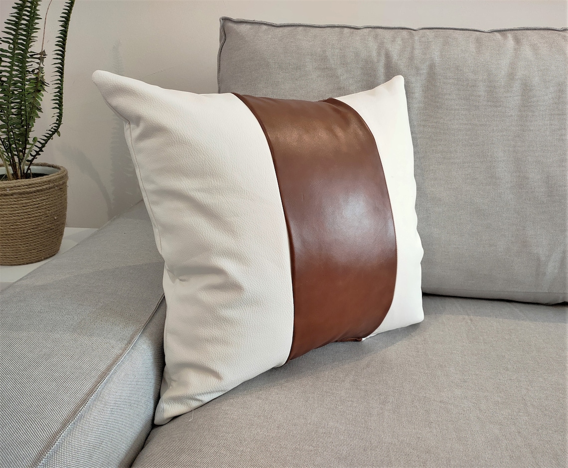 Brown Faux Leather Pillow Cover White and Cognac Faux Leather Etsy