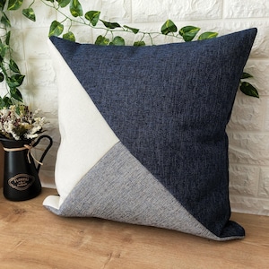 Color Block Linen Pillow Covers, Linen Textured White Grey and Navy Blue Fabric, Modern Living Room Decoration, Natural Linen Throw Pillow