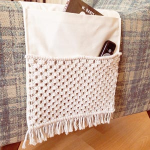 Macrame Armrest Organizer for Remote Controls & Phone Holder, Armchair Caddy Basket for Magazines and TV Remotes