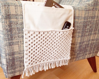 Macrame Armrest Organizer for Remote Controls & Phone Holder, Armchair Caddy Basket for Magazines and TV Remotes
