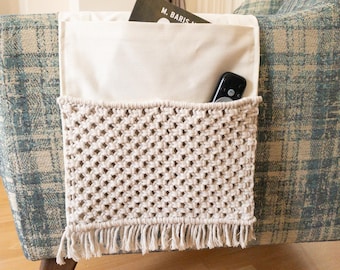 Macrame Armrest Organizer for Remote Controls & Storage Basket, Armchair Organizer for Phones, TV Remotes, Magazines Holder