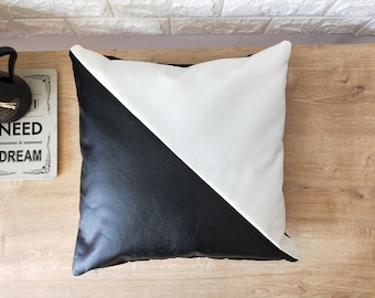 Black and White Faux Leather Pillow Cover, Modern Home Design, Decorative Luxury Leather Pillow Case
