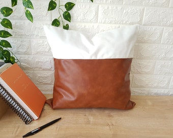 Cognac Faux Leather Brown Pillow Cover with a Velvet White Finish