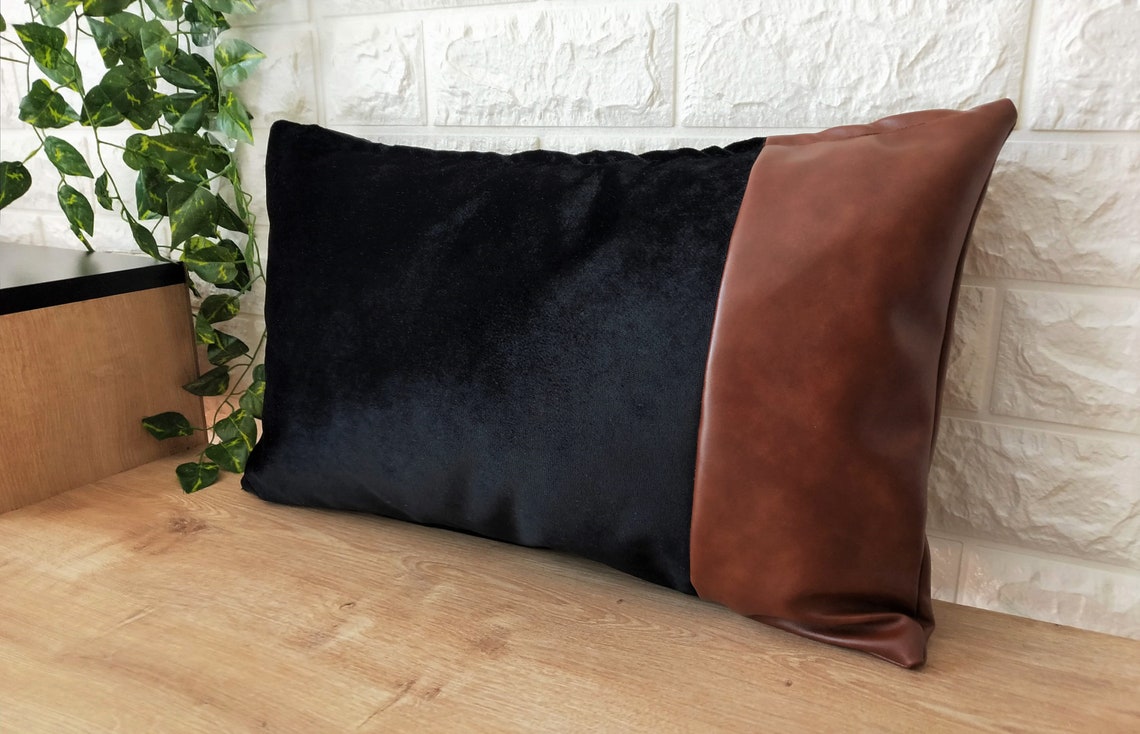 Black Velvet Lumbar Pillow Cover 12x20 Brown Faux Leather Etsy