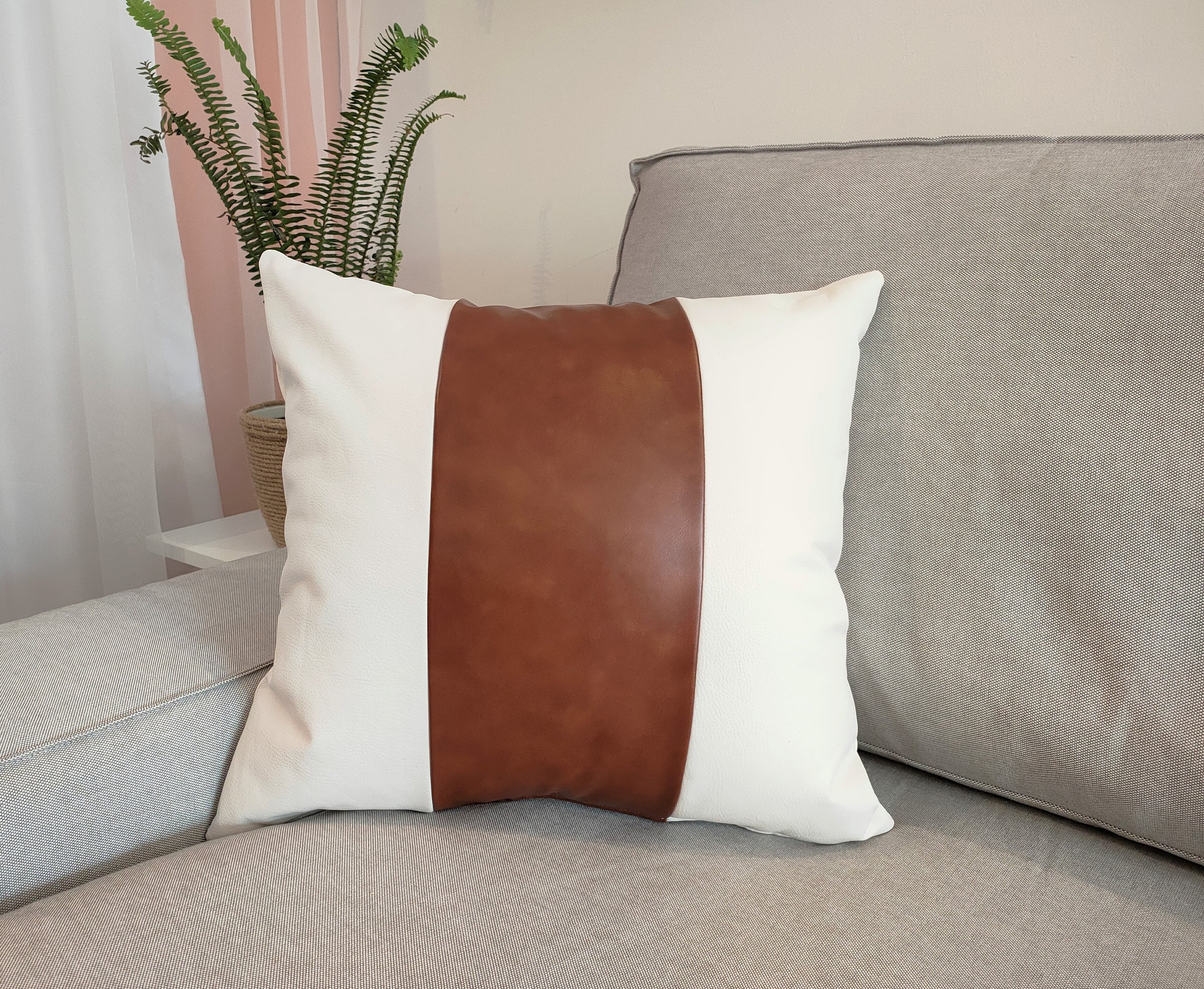 White Faux Leather Pillow Cover 20x20Brown Luxury Vegan Etsy