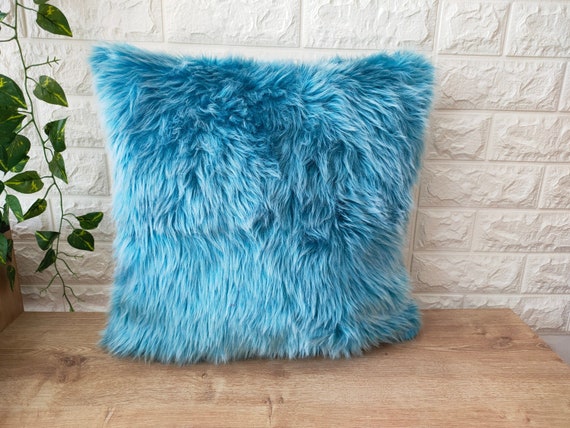 Sky Blue Faux Fur Pillow Cover, Luxury Furry Pillow Cover for Home Decor,  Fabric Fluffy Cushion Cover, Unique Soft Fur Pillow 