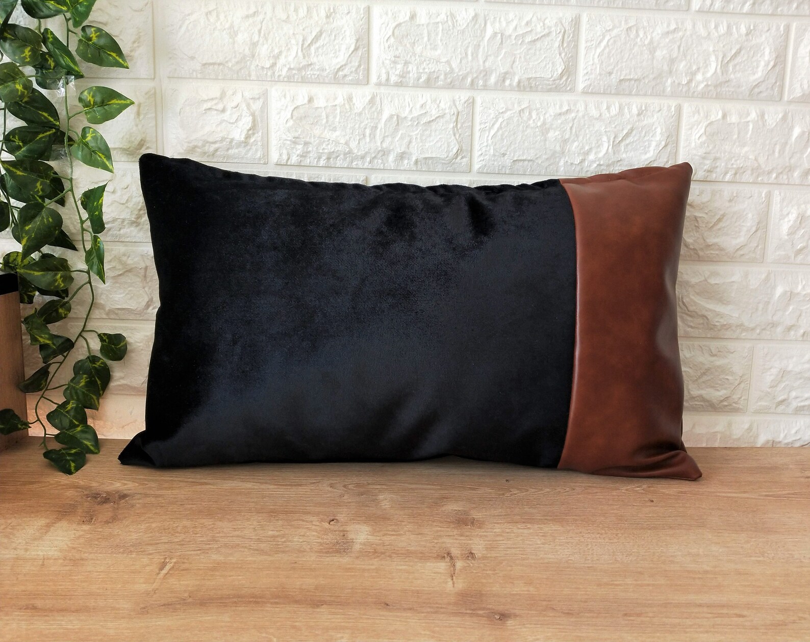 Black Velvet Lumbar Pillow Cover 12x20 Brown Faux Leather Etsy