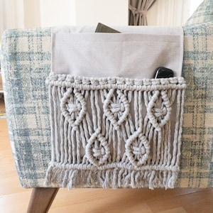 Macrame Armrest Organizer for Remote Control Holder and Storage Basket, Armchair Organiser for TV Remotes, Phones and Magazines.
