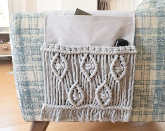 Macrame Armrest Organizer for Remote Control Holder and Storage Basket, Armchair Organiser for TV Remotes, Phones and Magazines.