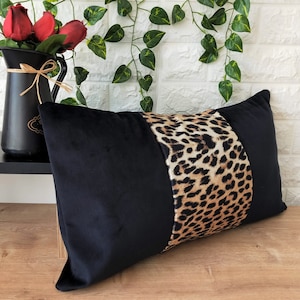 Leopard Print Pillow Cover | Black Velvet Lumbar Cushion | Trendy Cheetah Pattern Home Decor