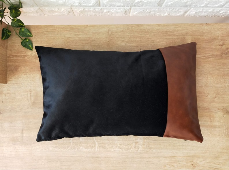 Black Velvet Lumbar Pillow Cover 12x20 Brown Faux Leather Etsy