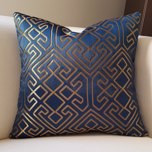 Navy Blue Velvet Gold Throw Pillow Luxury Contemporary Modern Etsy