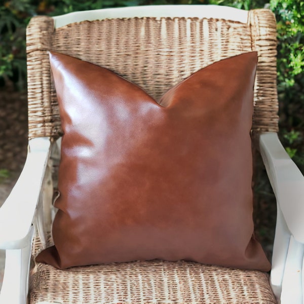 Faux Leather Cognac Color Pillow Cover for Living Room, Custom Size Pillowcase for Home Decor