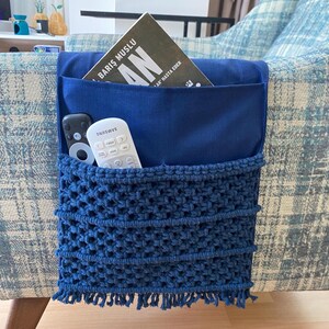 Handmade Navy Macrame Armrest Organizer with Boho Fringe | Couch Remote Caddy | Sofa Storage Pocket for Book Phone Control Holder