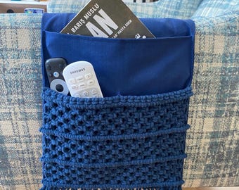 Handmade Navy Macrame Armrest Organizer with Boho Fringe | Couch Remote Caddy | Sofa Storage Pocket for Book Phone Control Holder