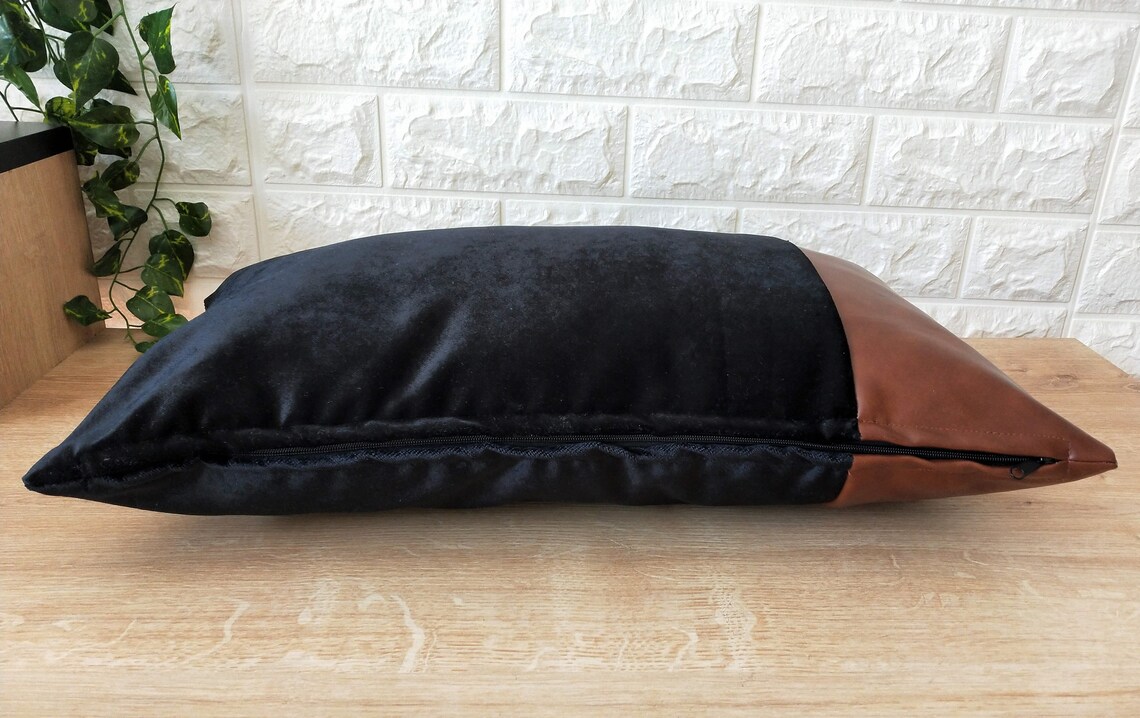 Black Velvet Lumbar Pillow Cover 12x20 Brown Faux Leather Etsy