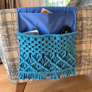 Handmade macrame armrest organizer with boho fringe, remote and phone holder, blue couch side pocket storage for the living room