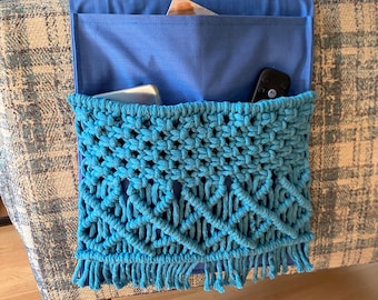 Handmade macrame armrest organizer with boho fringe, remote and phone holder, blue couch side pocket storage for the living room