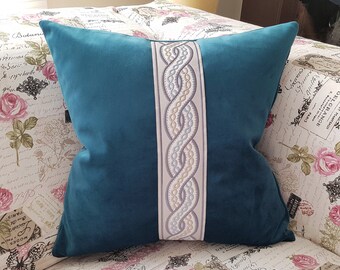 Blue Greek Key Trim Velvet Pillow Covers