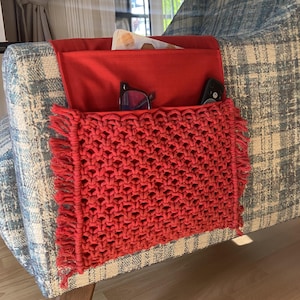 Handmade Red Macrame Armrest Organizer with Pocket for Sofa Couch Remote Control Holder Magazine Sunglasses Storage Pouch Decor