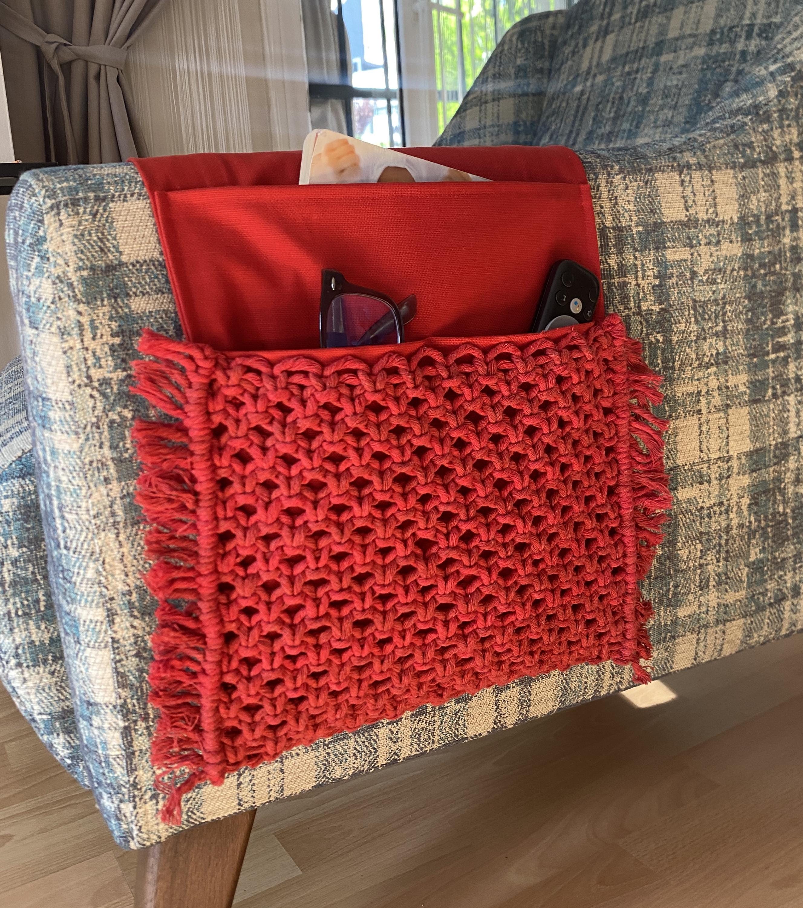 Handmade Red Macrame Armrest Organizer with Pocket for Sofa Couch Remote Control Holder Magazine Sunglasses Storage Pouch Decor